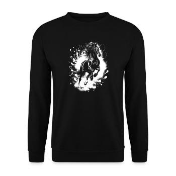 Cheval noir en bond avec des éclaboussures de peinture - Sweat-shirt Unisexe - noir - Devant - Alina (178cm) & Michal (187cm)