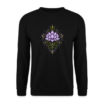 Ornamentale Lotusblüte in Violett & Grün - Unisex Pullover - Schwarz - Vorne - Alina (178cm) & Michal (187cm)