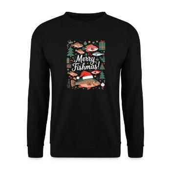 Angler Weihnachtspullover Fisch Merry Fishmas - Unisex Pullover - Schwarz - Vorne - Alina (178cm) & Michal (187cm)