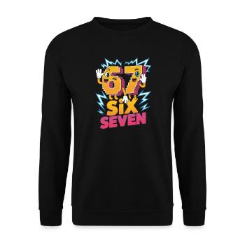 Sechs Sieben Zeichentrickfiguren Design - Unisex Pullover - Schwarz - Vorne - Alina (178cm) & Michal (187cm)