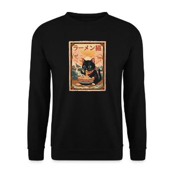 Schwarze Katze Ramen Japanischer Vintage Stil - Unisex Pullover - Schwarz - Vorne - Alina (178cm) & Michal (187cm)