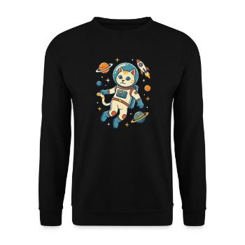 Astronautenkatze im All - Unisex Pullover - Schwarz - Vorne - Alina (178cm) & Michal (187cm)