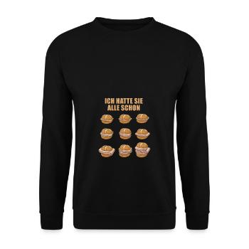 Ich hatte sie alle schon Leberkäse Fleischkäse - Unisex Pullover - Schwarz - Vorne - Alina (178cm) & Michal (187cm)