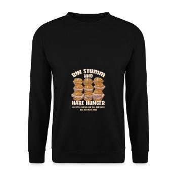 Bin stumm und habe Hunger Leberkäse Sprachhilfe - Unisex Pullover - Schwarz - Vorne - Alina (178cm) & Michal (187cm)
