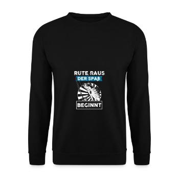Rute raus der Spaß beginnt Angel Fischen Geschenk - Unisex Pullover - Schwarz - Vorne - Alina (178cm) & Michal (187cm)