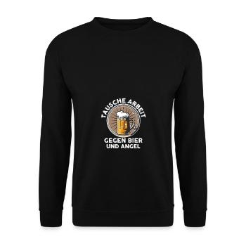 Tausche Arbeit gegen Bier und Angel Urlaub Fischen - Unisex Pullover - Schwarz - Vorne - Alina (178cm) & Michal (187cm)