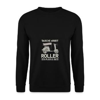 Tausche Arbeit gegen Roller Scooter Motorroller - Unisex Pullover - Schwarz - Vorne - Alina (178cm) & Michal (187cm)