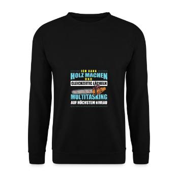 Holz Multitasking Forstwirt Kettensäge Motorsäge - Unisex Pullover - Schwarz - Vorne - Alina (178cm) & Michal (187cm)