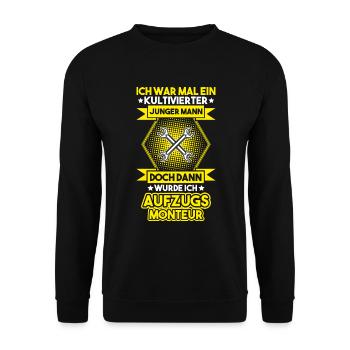 Aufzugsmonteur Aufzugsmechaniker Elevator Mechanic - Unisex Pullover - Schwarz - Vorne - Alina (178cm) & Michal (187cm)