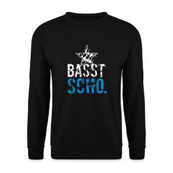 Basst scho - in zwoa Farbn mid oam Stean - Unisex Pullover - Schwarz - Vorne - Alina (178cm) & Michal (187cm)