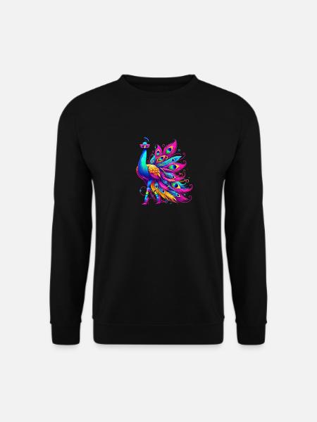 Lebendige Illustration eines stilisierten Pfaus - Unisex Pullover - Schwarz