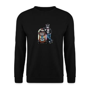 Rockabilly Cat standing at a 80s Jukebox. - Unisex Sweatshirt - black - Front - Alina (178cm) & Michal (187cm)