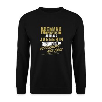 Jägerin Jagd jagen Waidfrau Jägersfrau Geschenk - Unisex Pullover - Schwarz - Vorne - Alina (178cm) & Michal (187cm)