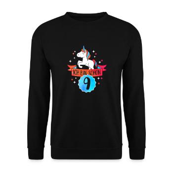 J’ai neuf ans - anniversaire-Einhorn - Sweat-shirt Unisexe - noir - Devant - Alina (178cm) & Michal (187cm)