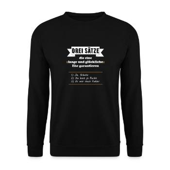 Drei Sätze lange glückliche Ehe garantieren lustig - Unisex Pullover - Schwarz - Vorne - Alina (178cm) & Michal (187cm)