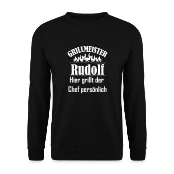 Grillmeister Rudolf lustiger Spruch - Unisex Pullover - Schwarz - Vorne - Alina (178cm) & Michal (187cm)