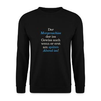 Witziger Spruch Der Morgenschiss der iss gewiss, - Unisex Pullover - Schwarz - Vorne - Alina (178cm) & Michal (187cm)