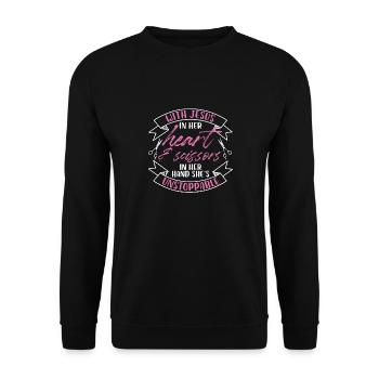 Avec Jésus dans son cœur et des ciseaux à la main - Sweat-shirt Unisexe - noir - Devant - Alina (178cm) & Michal (187cm)