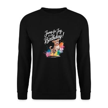 Jump for Joy Birthday Dog Design - Unisex Pullover - Schwarz - Vorne - Alina (178cm) & Michal (187cm)