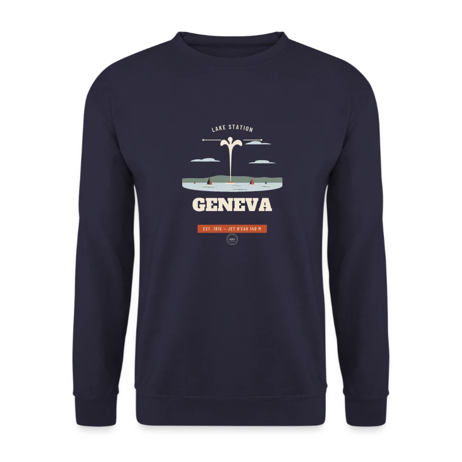 Geneva badge on a unisex sweatshirt, navy