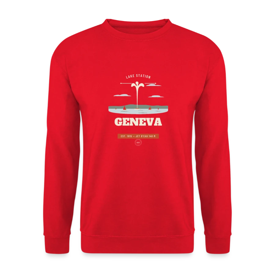 Geneva badge on a unisex sweatshirt, red