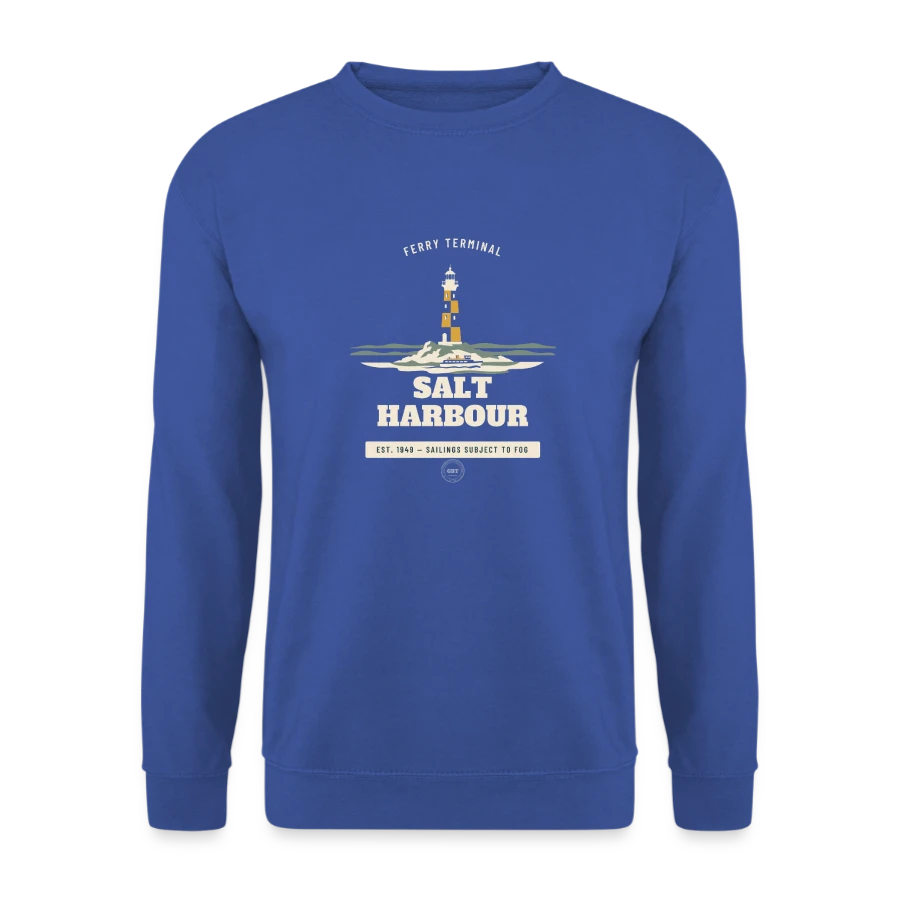 Salt Harbour badge on a unisex sweatshirt, royal blue, front