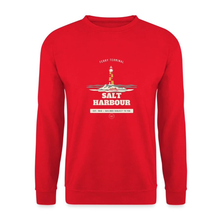 Salt Harbour badge on a unisex sweatshirt, red, front