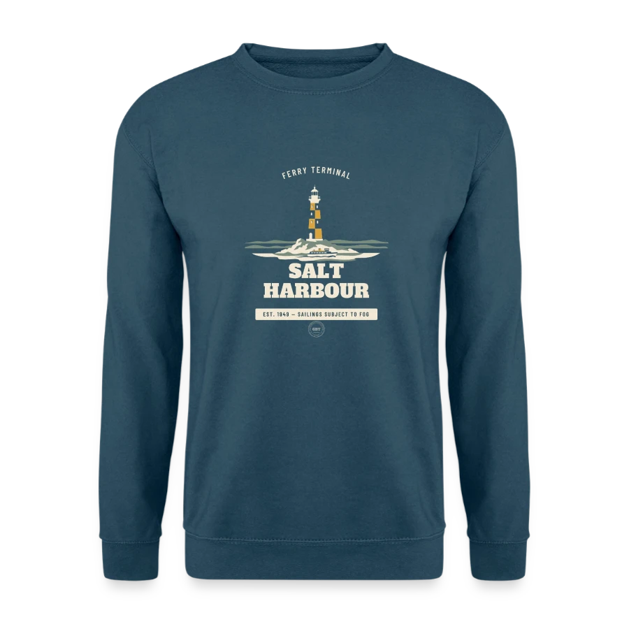 Salt Harbour badge on a unisex sweatshirt, indigo blue, front