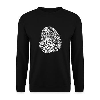 Neuseeländische Maori Tattoo Illustration in Weiß - Unisex Pullover - Schwarz - Vorne - Alina (178cm) & Michal (187cm)