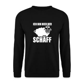 Ich bin hier der Chef Schaf Schäff Wortspiel - Unisex Pullover - Schwarz - Vorne - Alina (178cm) & Michal (187cm)