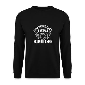 never underestimate woman with knife Design - Unisex Pullover - Schwarz - Vorne - Alina (178cm) & Michal (187cm)