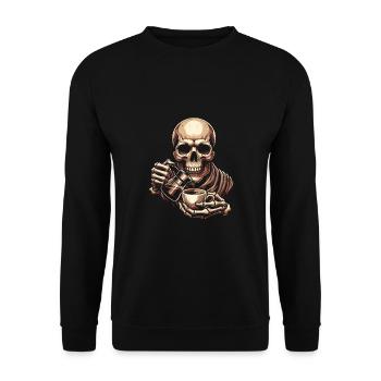 Skull mit Kaffeebecher Kaffee - Unisex Pullover - Schwarz - Vorne - Alina (178cm) & Michal (187cm)