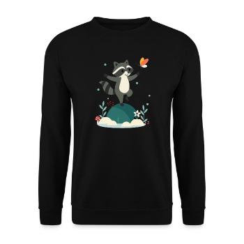 Verspielter tanzender Waschbär mit Schmetterling - Unisex Pullover - Schwarz - Vorne - Alina (178cm) & Michal (187cm)