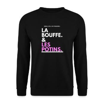 Bouffe et Potins Typo Noir Rose - Sweat-shirt Unisexe - noir - Devant - Alina (178cm) & Michal (187cm)