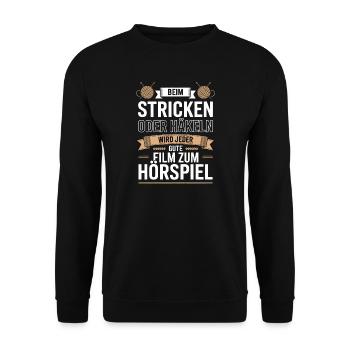Beim Stricken oder Häkeln Filmhörspiel - Unisex Pullover - Schwarz - Vorne - Alina (178cm) & Michal (187cm)
