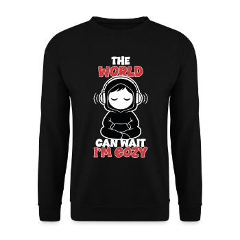 Cozy Zen Die Welt kann warten Kopfhörer - Unisex Pullover - Schwarz - Vorne - Alina (178cm) & Michal (187cm)