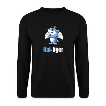 Hailiger - Hai mit Heiligenschein - Unisex Pullover - Schwarz - Vorne - Alina (178cm) & Michal (187cm)