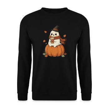Cozy Halloween Gespenst Kürbis  - Unisex Pullover - Schwarz - Vorne - Alina (178cm) & Michal (187cm)