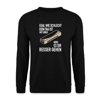 Geschenk schlechter Tag mit Mundharmonika geht - Unisex Pullover - Schwarz - Vorne - Alina (178cm) & Michal (187cm)