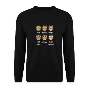 Verschiedene Stimmungen der Kaffee Eule - Unisex Pullover - Schwarz - Vorne - Alina (178cm) & Michal (187cm)