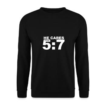 He cares Christian christian Jesus gift - Unisex Sweatshirt - black - Front - Alina (178cm) & Michal (187cm)