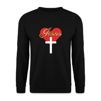 Jesus Goldschrift Herz weißes Kreuz Geschenkidee - Unisex Pullover - Schwarz - Vorne - Alina (178cm) & Michal (187cm)