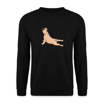 Mops Hund Yoga Übung Gymnastik Geschenk - Unisex Pullover - Schwarz - Vorne - Alina (178cm) & Michal (187cm)