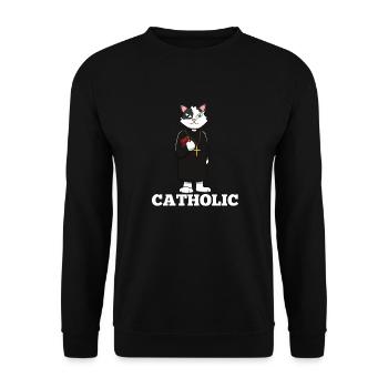 Catholic Cat Funny Pun Bible Crucifix Wordplay Gif - Unisex Pullover - Schwarz - Vorne - Alina (178cm) & Michal (187cm)