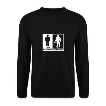 Mein Freund Dein Freund Vergleich Soldat Polizist - Unisex Pullover - Schwarz - Vorne - Alina (178cm) & Michal (187cm)