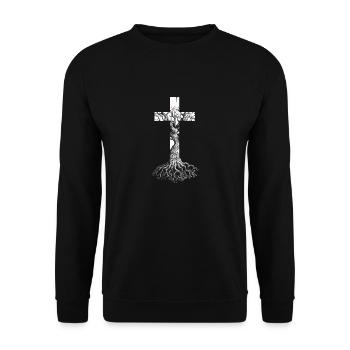 Der Baum mit dem Jesus Kreuz verwurzelt - Unisex Pullover - Schwarz - Vorne - Alina (178cm) & Michal (187cm)