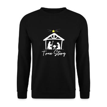 Wahre Geschichte Weihnachten Jesus Krippe drucken, - Unisex Pullover - Schwarz - Vorne - Alina (178cm) & Michal (187cm)