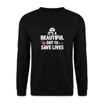 Lustiger schöner Tag, um Leben zu retten Krankenwagen ER MD - Unisex Pullover - Schwarz - Vorne - Alina (178cm) & Michal (187cm)