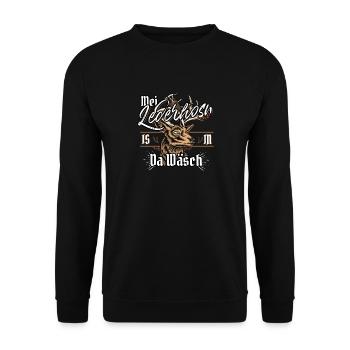 Mei Lederhosn is in da Wäsch Hirsch Lederhose - Unisex Pullover - Schwarz - Vorne - Alina (178cm) & Michal (187cm)