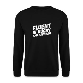 Fließend in Rugby und Sarkasmus Funny Rugby Player - Unisex Pullover - Schwarz - Vorne - Alina (178cm) & Michal (187cm)